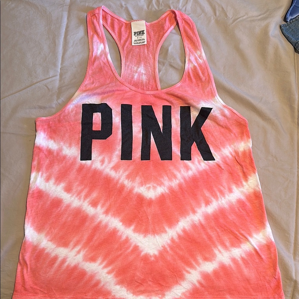 PINK Victoria's Secret Women's Tie-Dye Tank Top - Pink and White